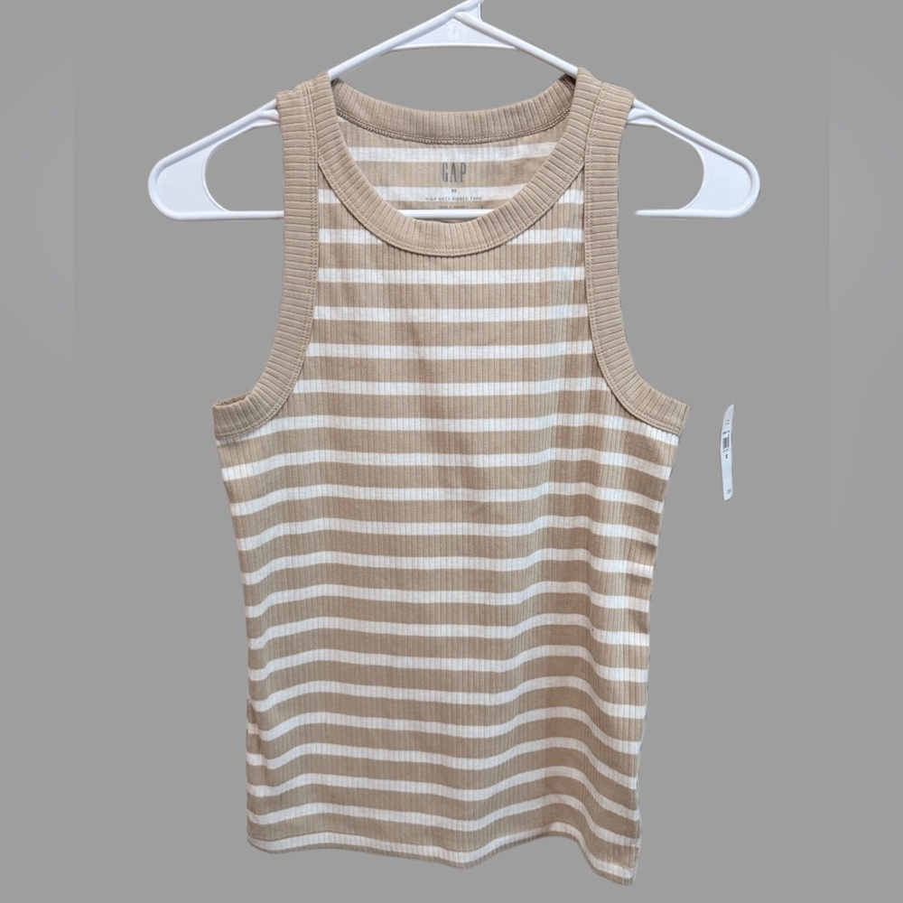 GAP Women's Beige and White Striped Tank Top